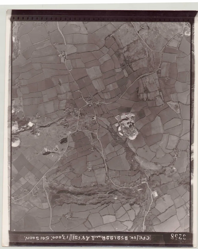 Original 1948 aerial photograph of Trethurgy with open fields, tracks and china-clay workings