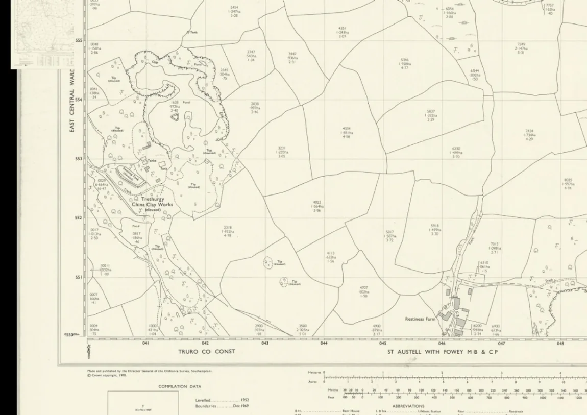 Ordnance Survey map published around 1970 marking the disused Trethurgy China Clay Works, ponds and spoil tips