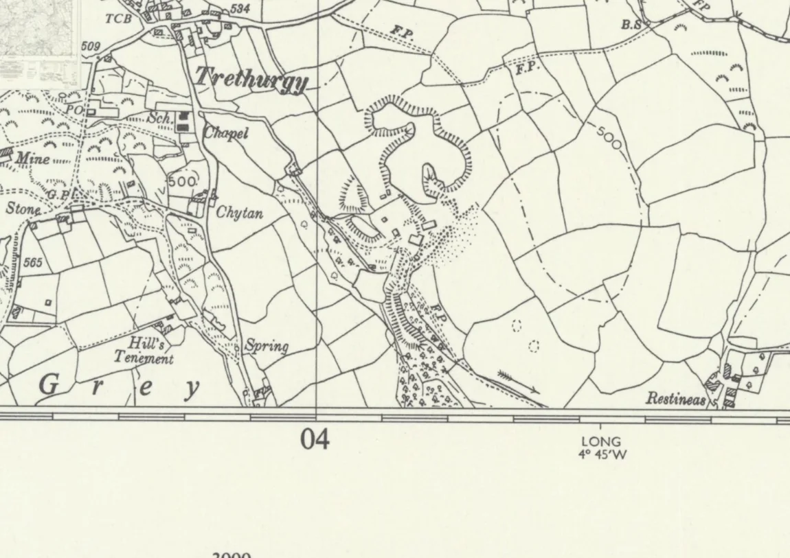 Undated Ordnance Survey topographic map showing Trethurgy village, Chytan and curved quarry banks