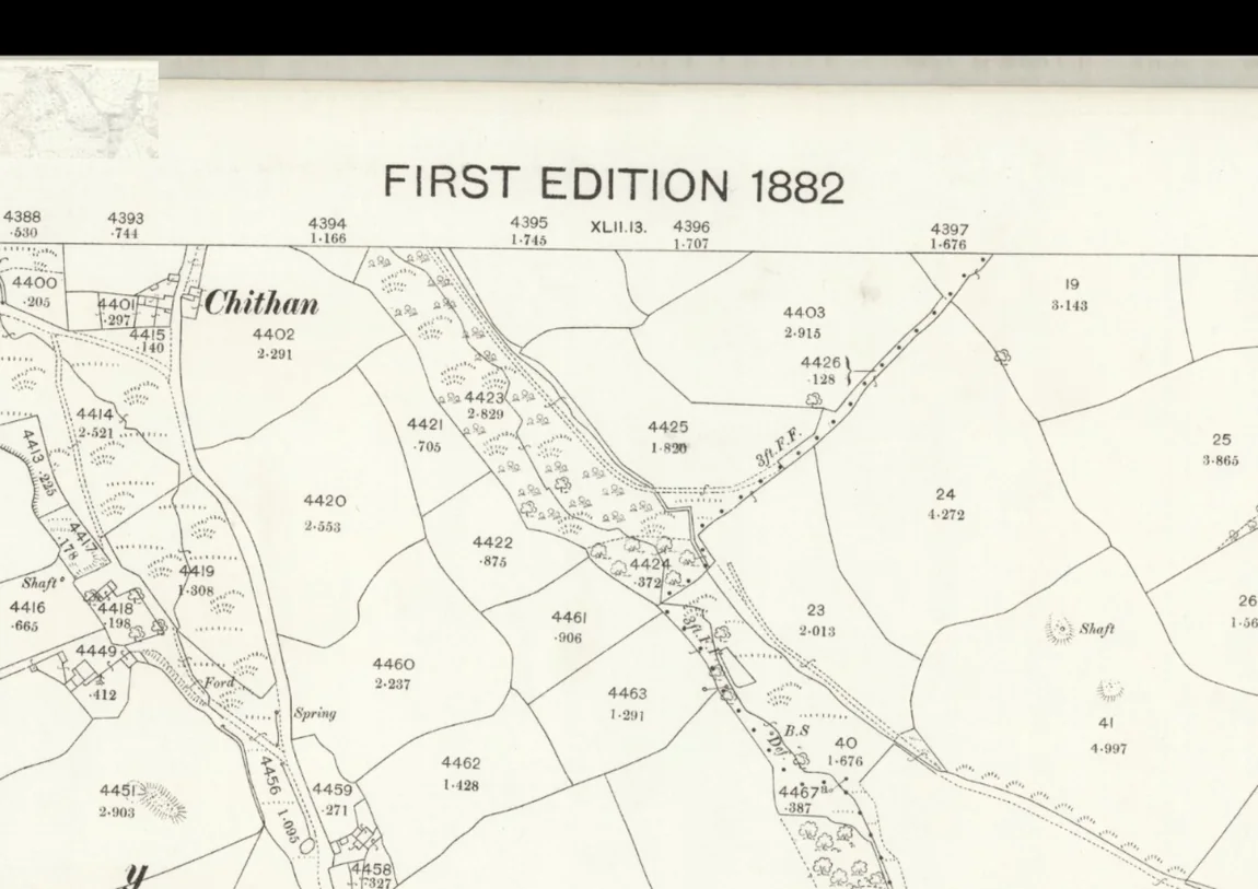 First Edition 1882 Ordnance Survey sheet showing fields, footpaths and early workings near Chytan and Trethurgy