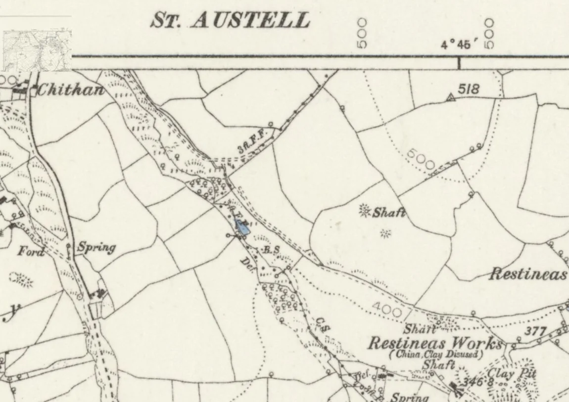 Historic map showing shafts and springs near Restineas China Clay Works, marked disused