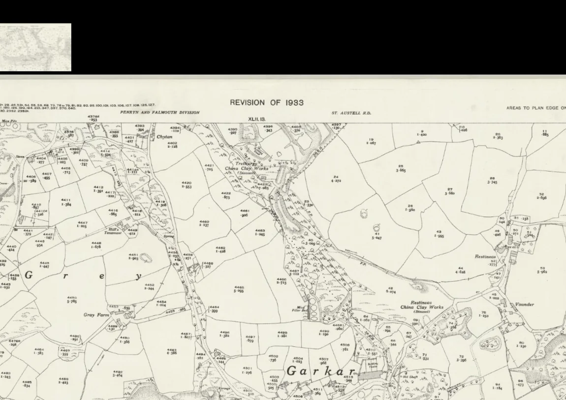 Ordnance Survey revision of 1933 marking Trethurgy China Clay Works, Restineas China Clay Works and altered ground