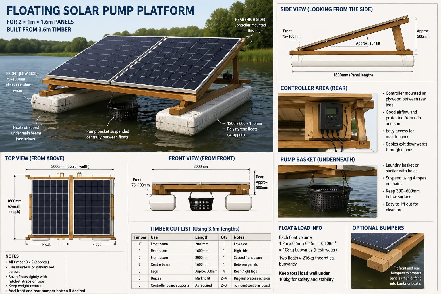 Original illustrated design sheet for the floating solar pump platform, showing the timber frame, solar panels, floats, controller position, pump basket and dimensions